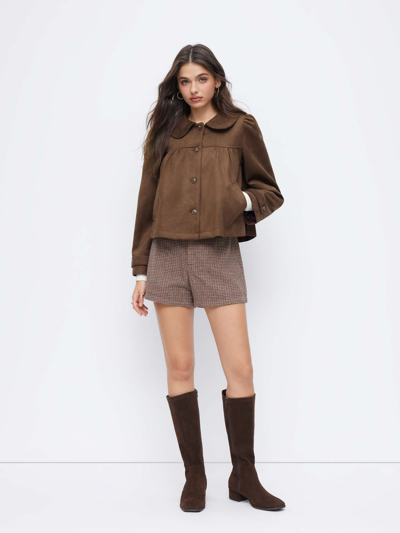 Suede Peter Pan Collar Ruched Jacket