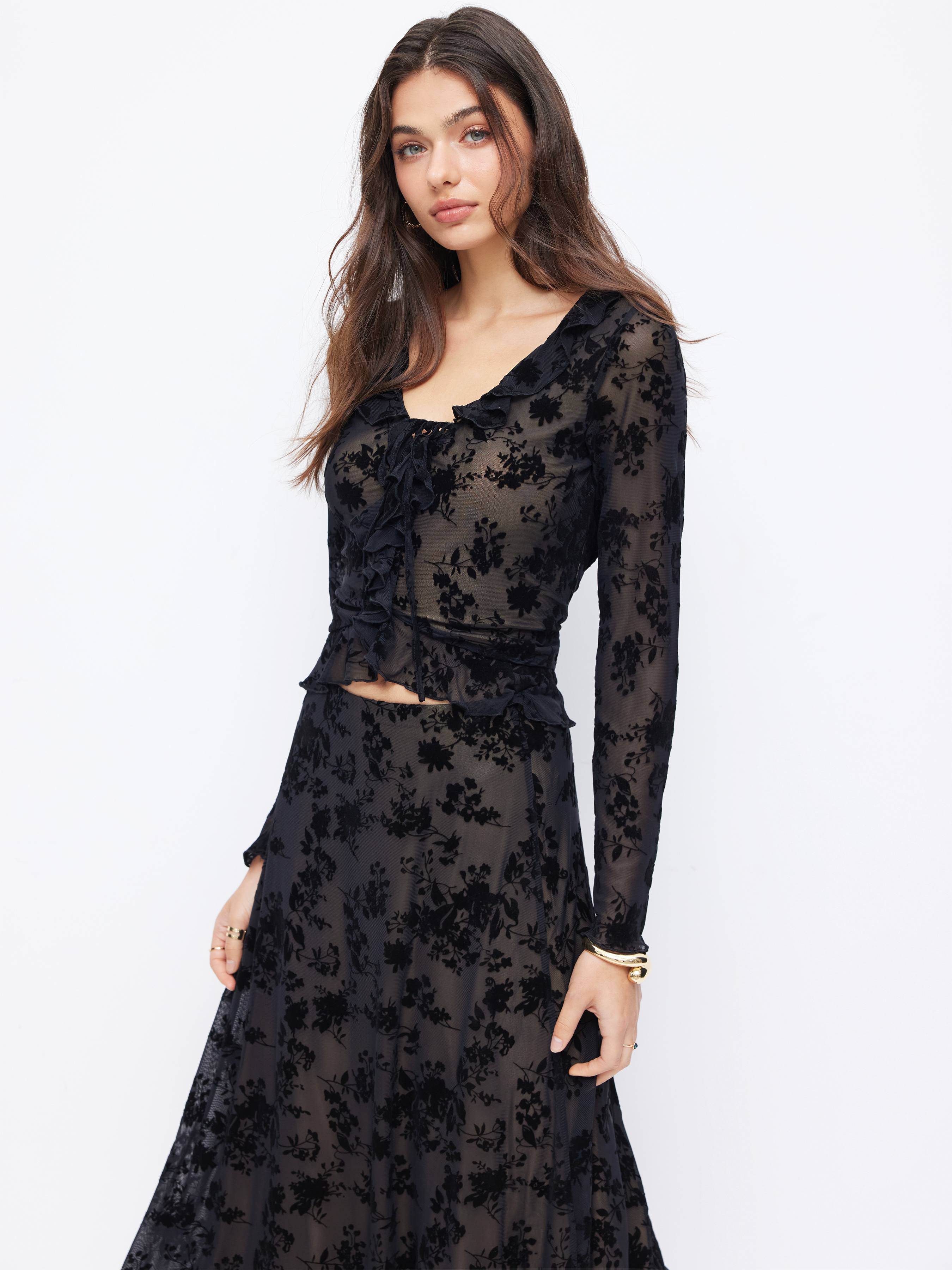 Mesh V-neck Floral Ruffle Hem Knotted Top & Mid Rise Maxi Skirt Set