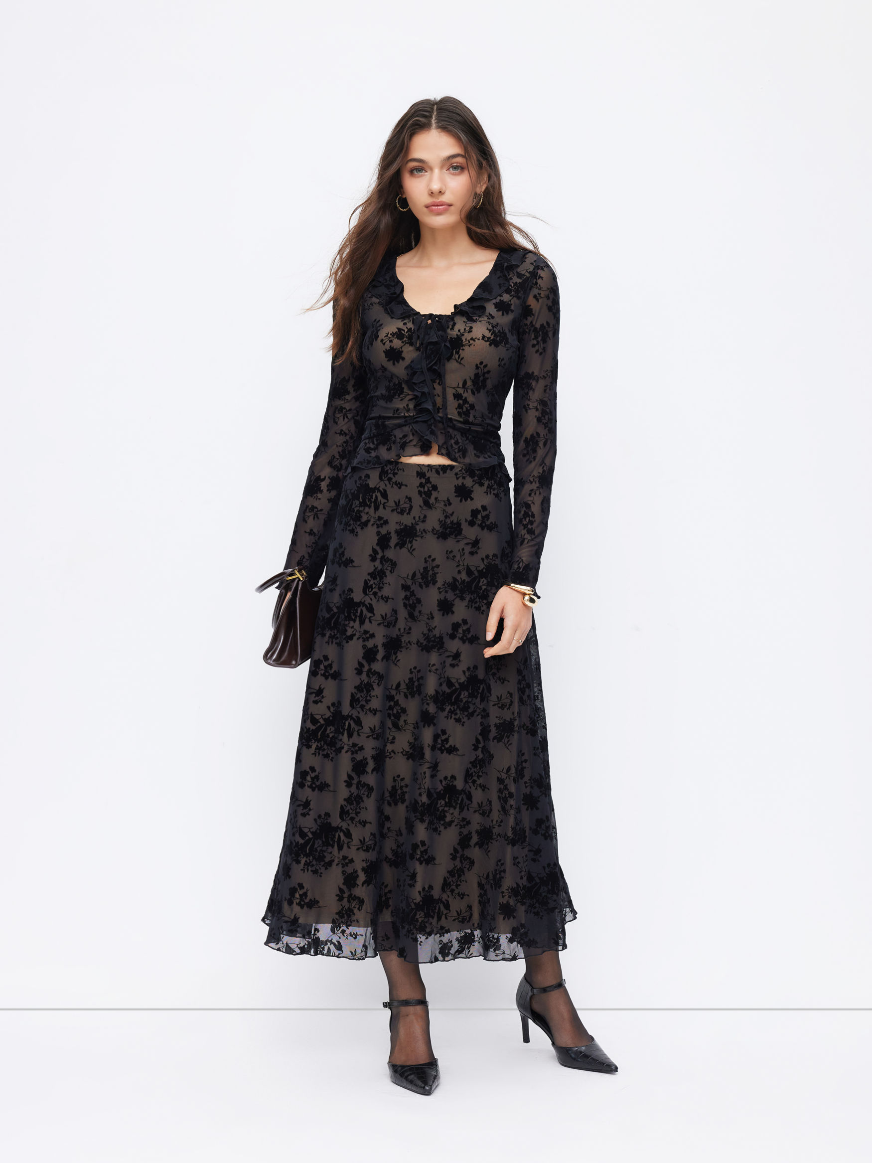 Mesh V-neck Floral Ruffle Hem Knotted Top & Mid Rise Maxi Skirt Set