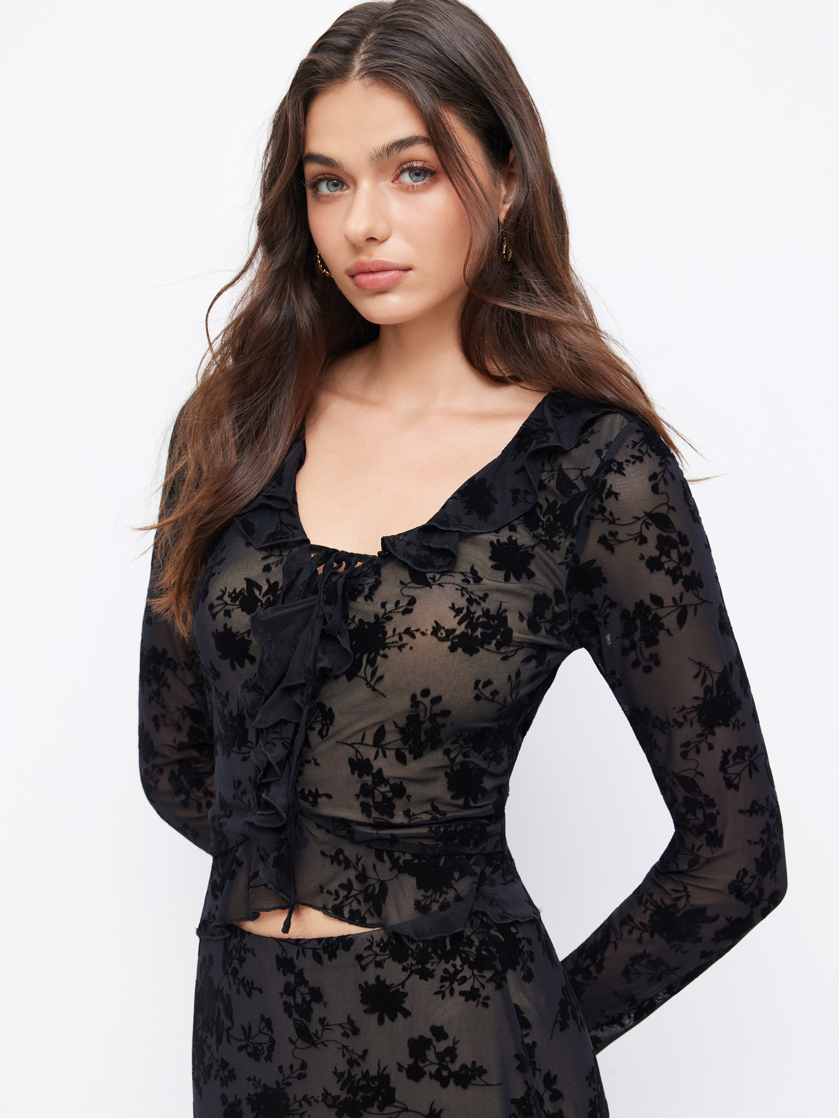 Mesh V-neck Floral Ruffle Hem Knotted Top & Mid Rise Maxi Skirt Set