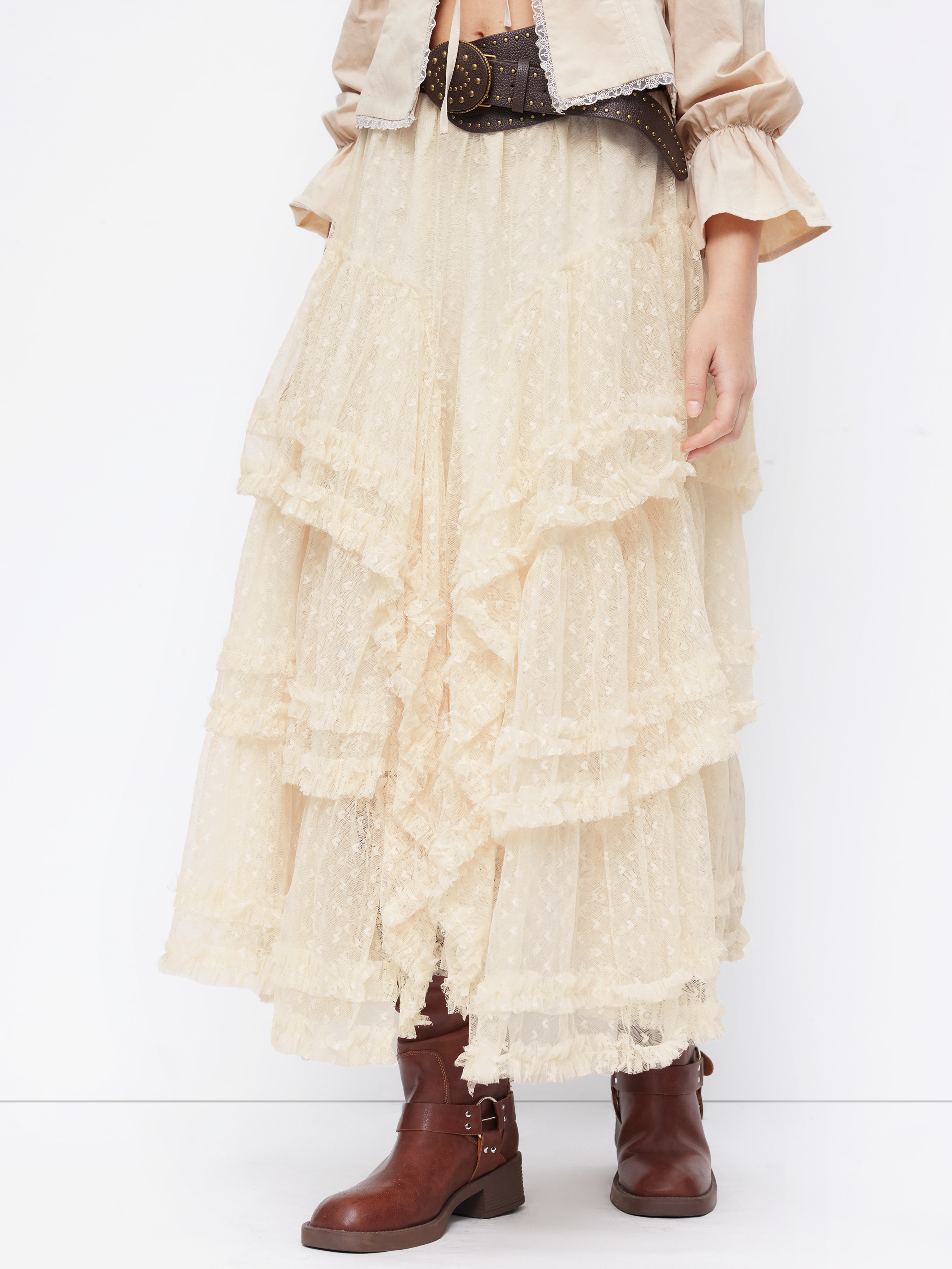 Mesh Voluminou Mesh Mid Rise Heart Lettuce Trim Tiered Maxi Skirt For Rencard