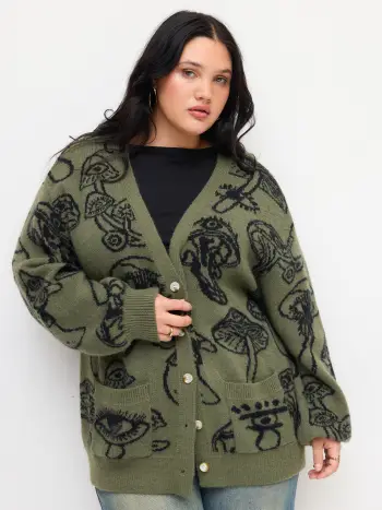 Cardigan Curvy e Taglie Forti a Maglia con Scollo a V e Grafica di Funghi