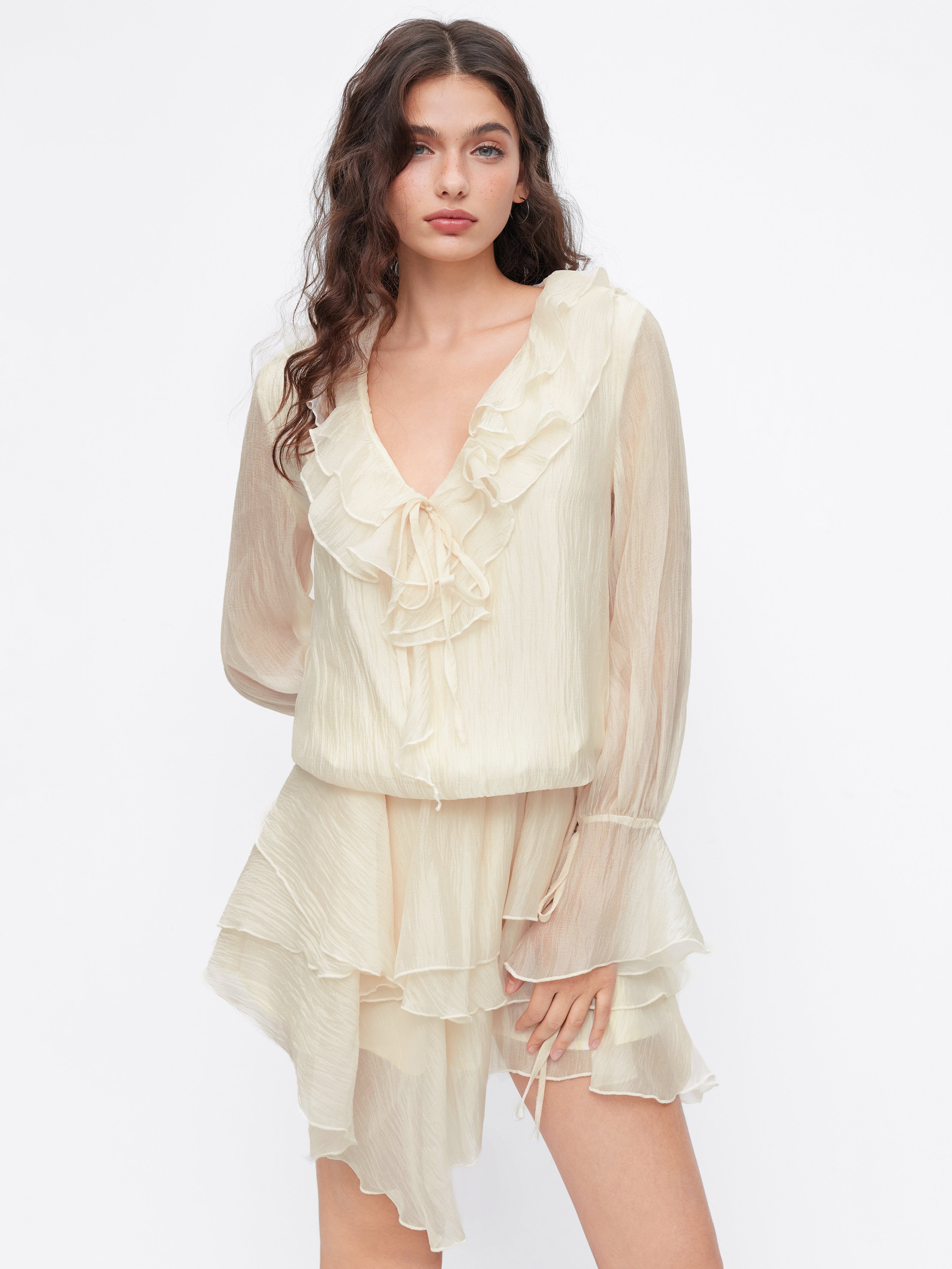 Chiffon V-neck Lantern Sleeve Ruffle Knotted Asymmetrical Hem Mini Dress – Cider – Cream