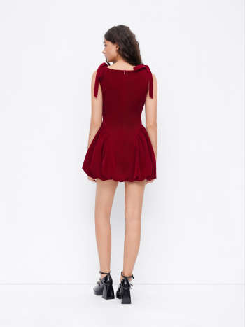 Velvet Boat Neck Bowknot Bubble Hem Mini Dress