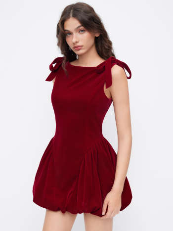 Velvet Boat Neck Bowknot Bubble Hem Mini Dress
