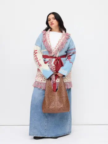 Strickkragenmuster Farbblock Tassel Oversize Strickjacke mit Gürtel Kurve & Plus