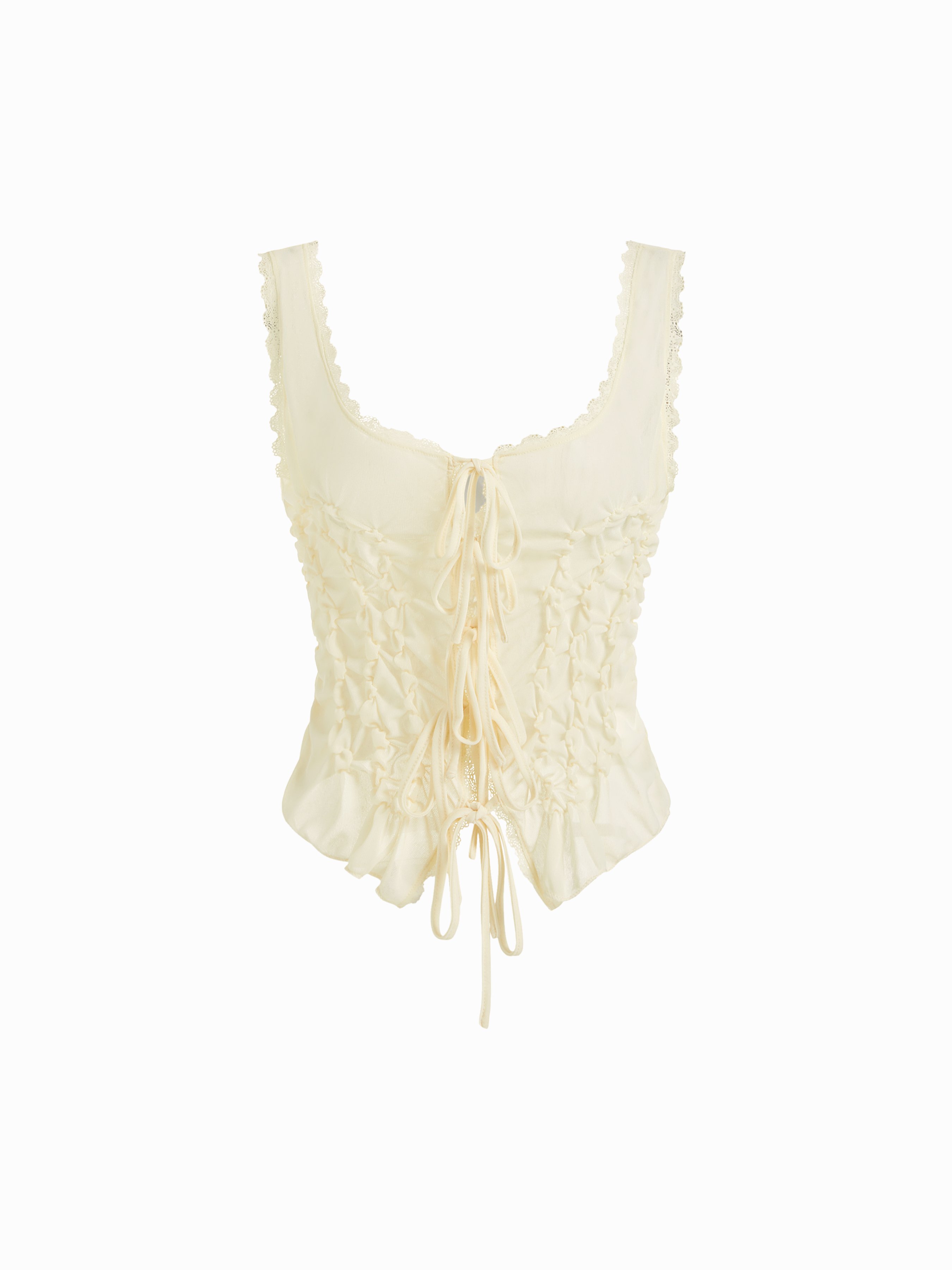 U-neckline Bowknot Lace Tie Front Ruched Tank Top – Cider – Beige