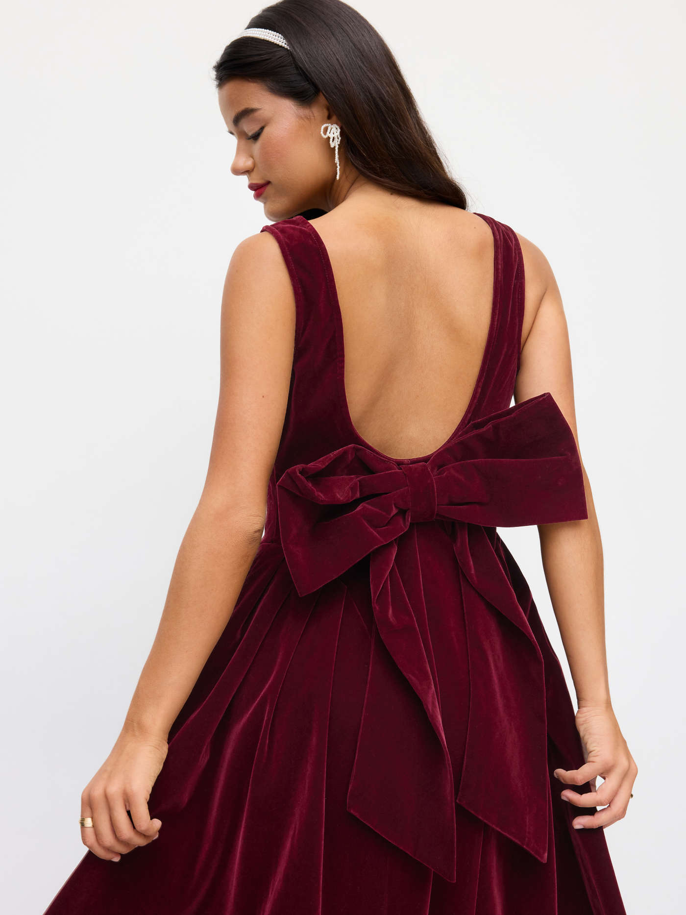 Velvet Boat Neck Bowknot Backless Midi Dress