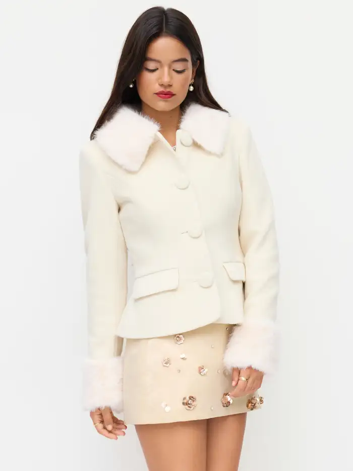 sachin and babi light blue dress Cozy Feeling Fur Trim Mini Dress - Cream