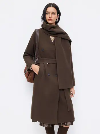 Wollähnlicher V-Ausschnitt Doppelrevers Langmantel mit Gürtel und Schal