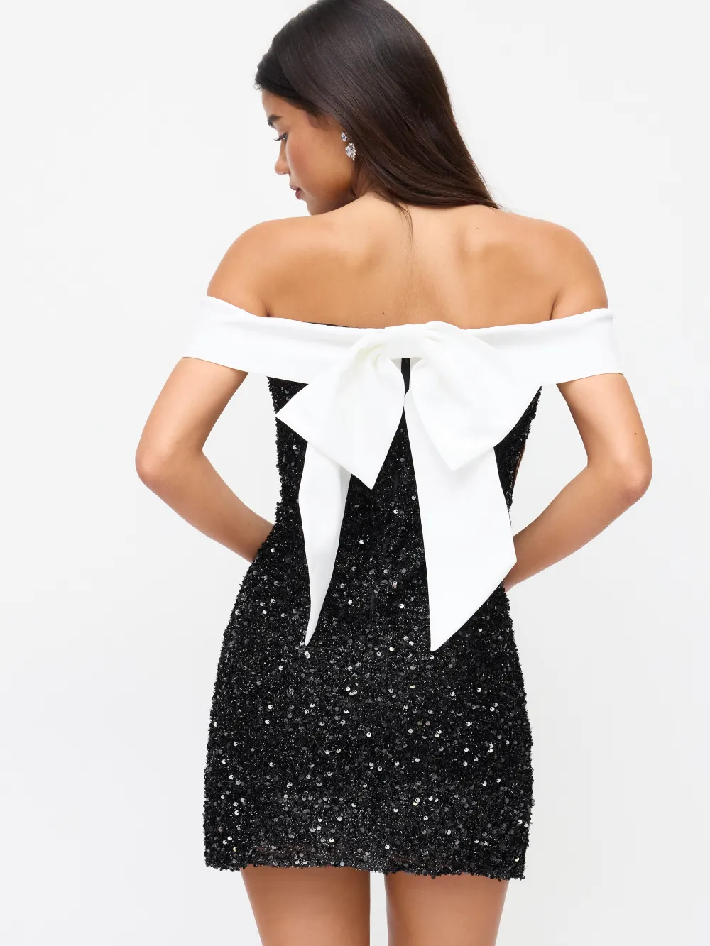 Sequin Off-shoulder Solid Bowknot Mini Dress