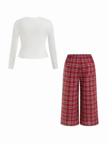 Bowsymbol Rundhals-Top & Plaid Mittelbund-Elastikbund Gerade Beine Hose Lounge-Set Kurve & Plus