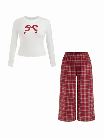 Bowsymbol Rundhals-Top & Plaid Mittelbund-Elastikbund Gerade Beine Hose Lounge-Set Kurve & Plus