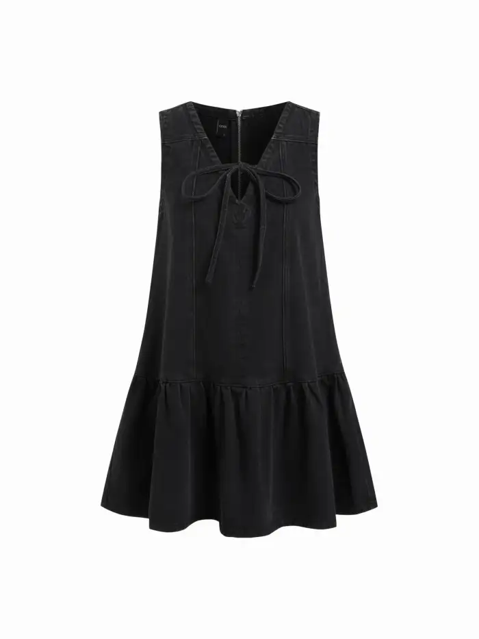 Denim Denim V-neck Knotted A-line Oversized Mini Dress For Daily Casual