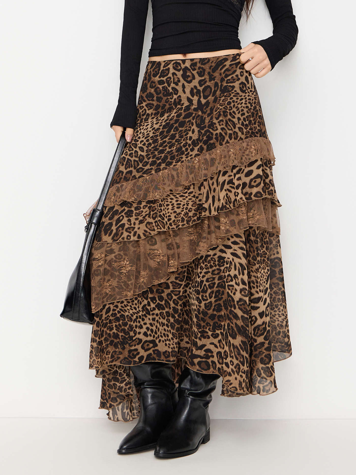 Chiffon High Rise Leopard Print Layered Maxi Skirt