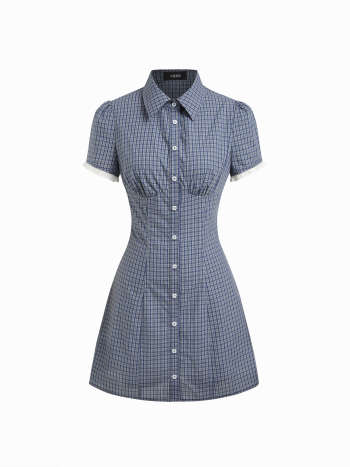 Boat Neck Gingham Bowknot Ruched Long Sleeve Top