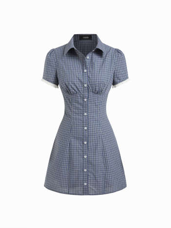 Boat Neck Gingham Bowknot Ruched Long Sleeve Top