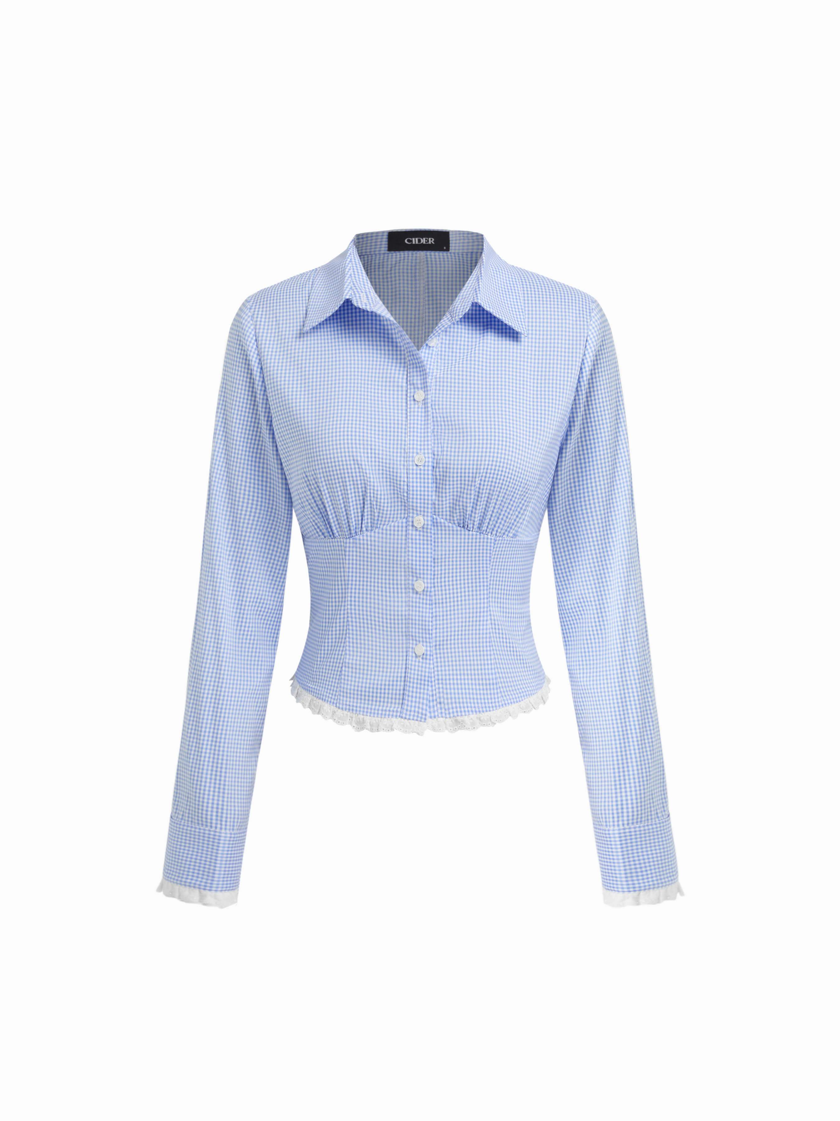 Chemise boutonnée à manches longues, col gingham et bordure en dentelle