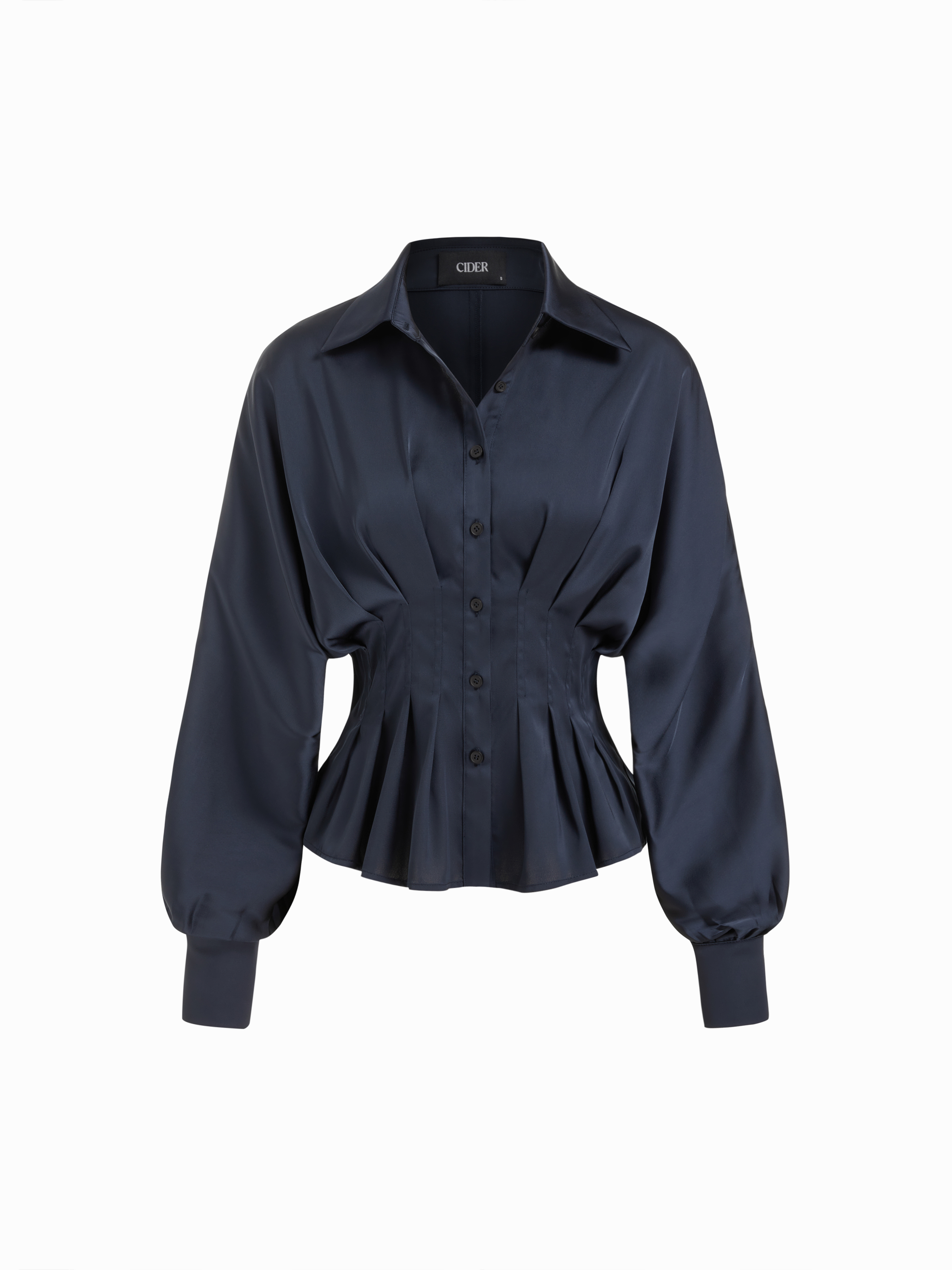 Chemise en satin avec col roulé, volants et ceinture serrée, manches lanternes