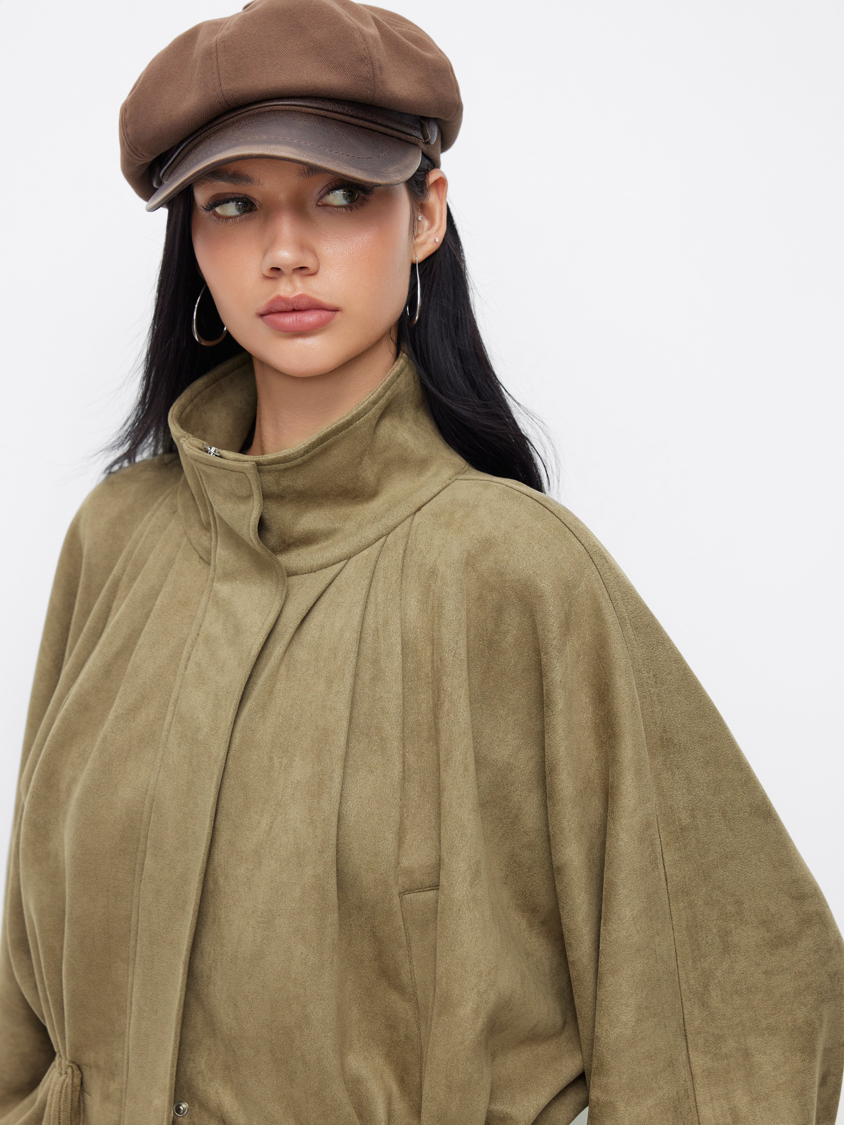 Suede Suede Collar Drawstring Cinched Waist Zip Through Lantern