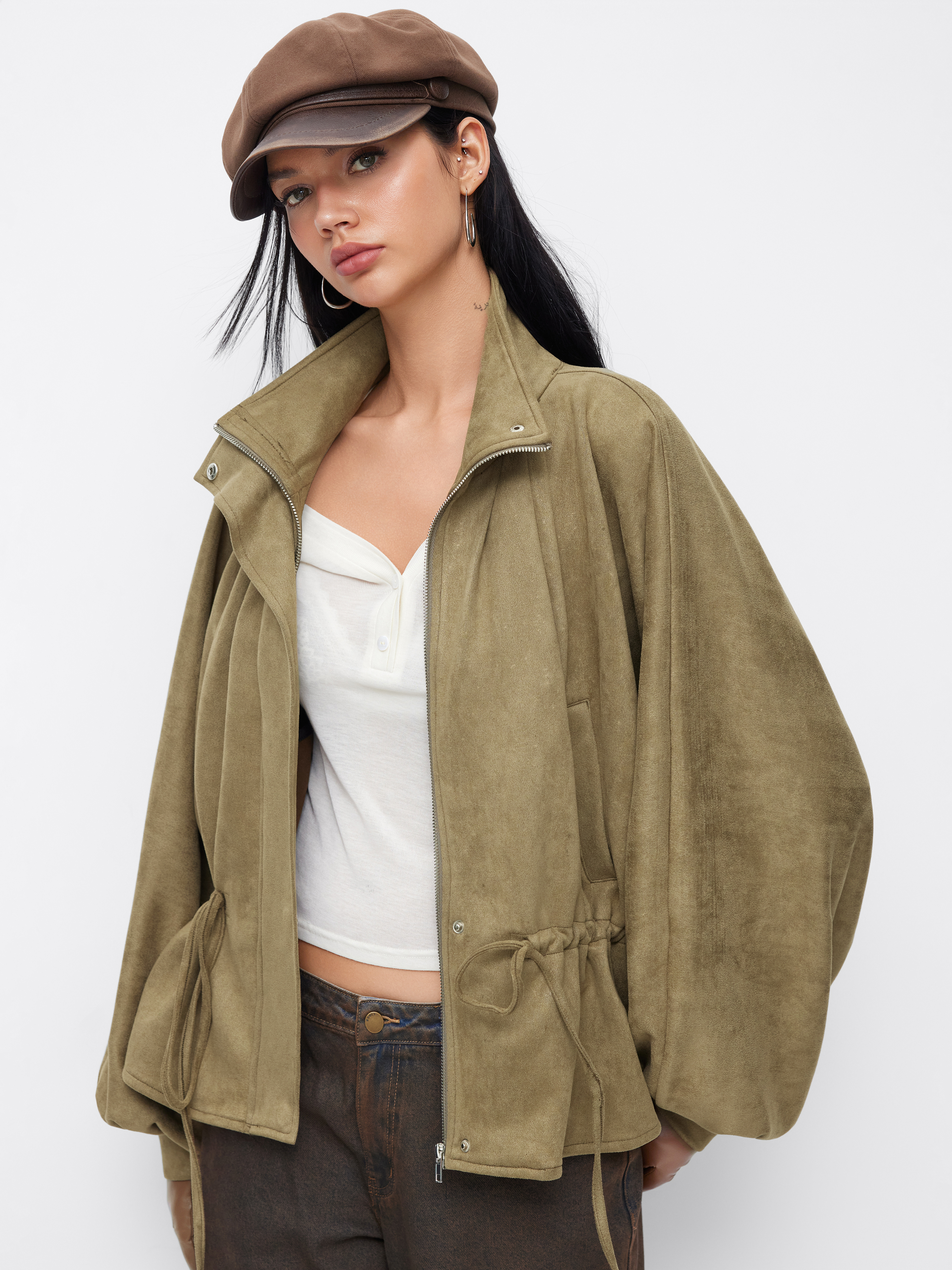 Suede Suede Collar Drawstring Cinched Waist Zip Through Lantern