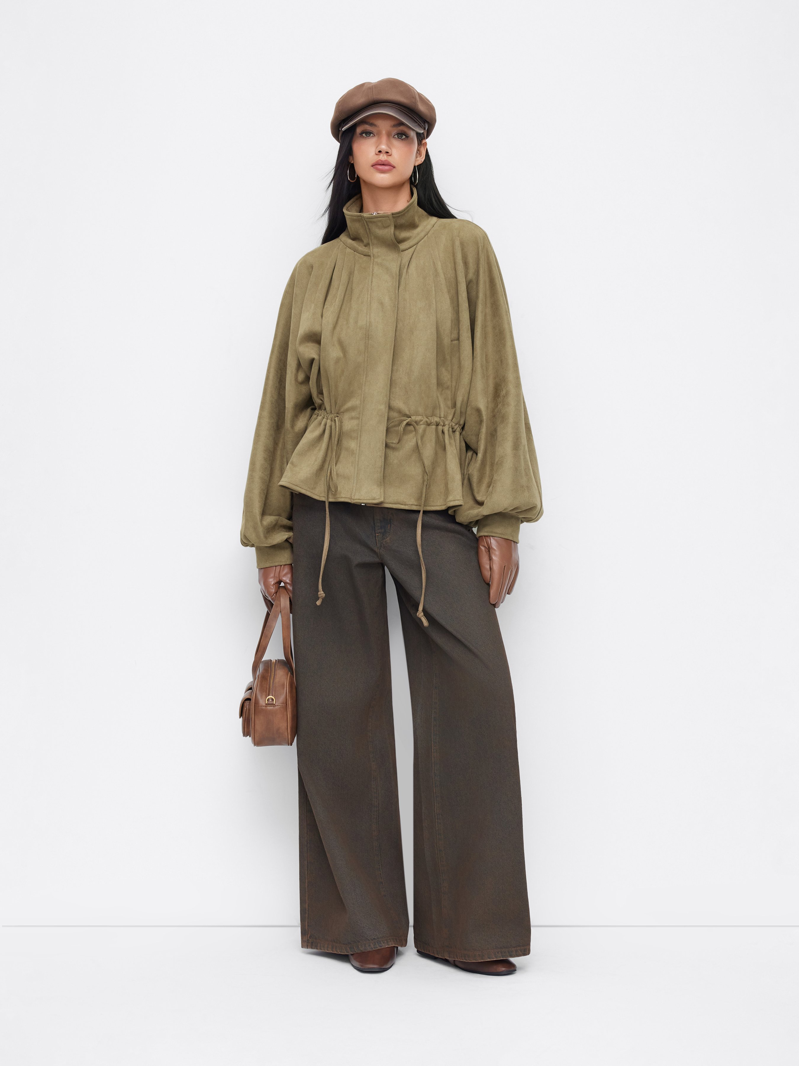 Suede Suede Collar Drawstring Cinched Waist Zip Through Lantern