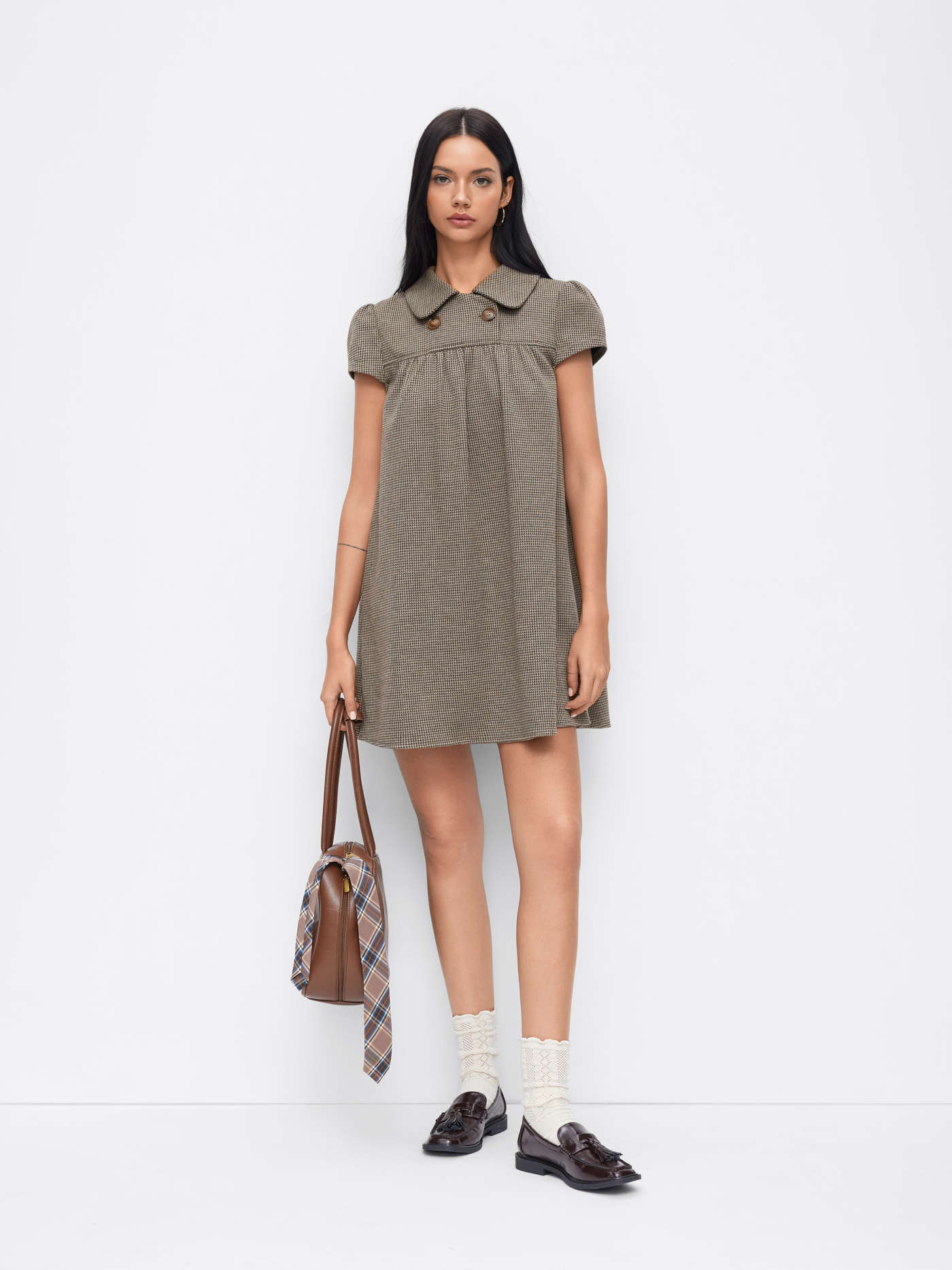 Peter Pan Collar Houndstooth Button Mini Dress