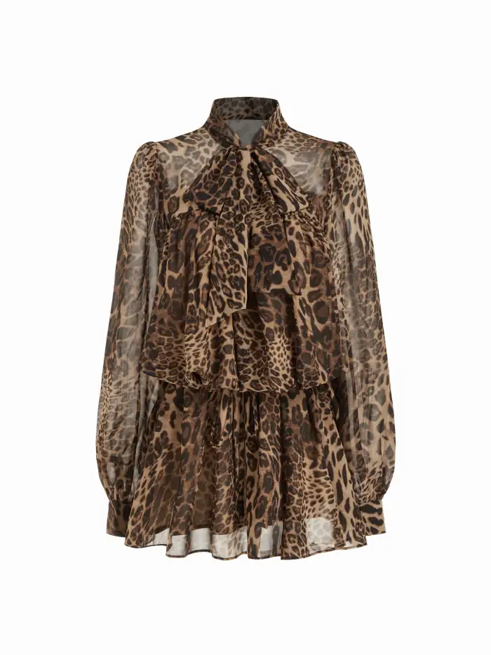 Chiffon Chiffon Leopard Print Stand Collar Ruffled Oversized Babydoll Mini  Dress For Daily Casual Date