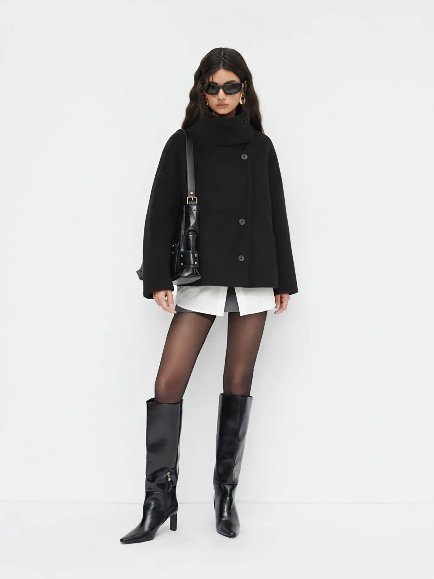 Wool-look Mandarin Collar Button Long Sleeve Oversized Jacket