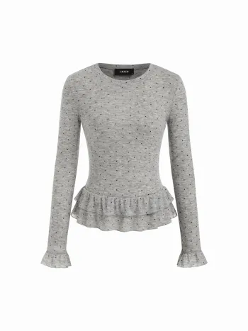 Rundhals-Polka-Dot-Bluse mit Spitzenbund