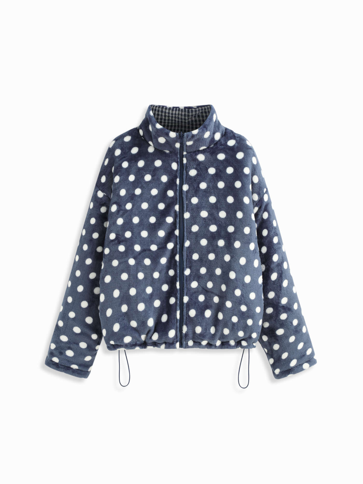 Reversible Fleece Stand Collar Polka Dot & Plaid Oversized Jacket