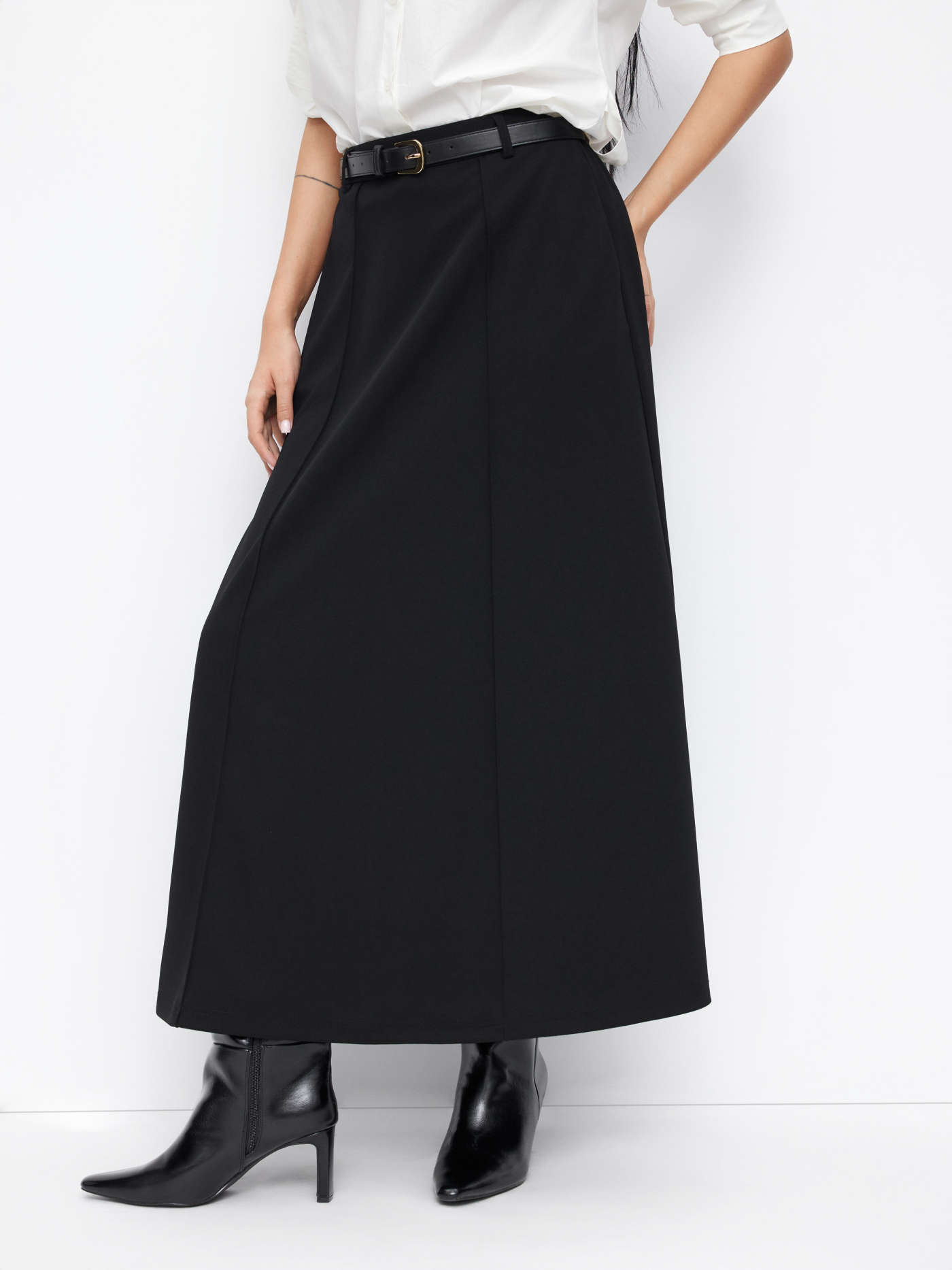 Stretchy Mid Rise Solid Maxi A-line Skirt With Belt