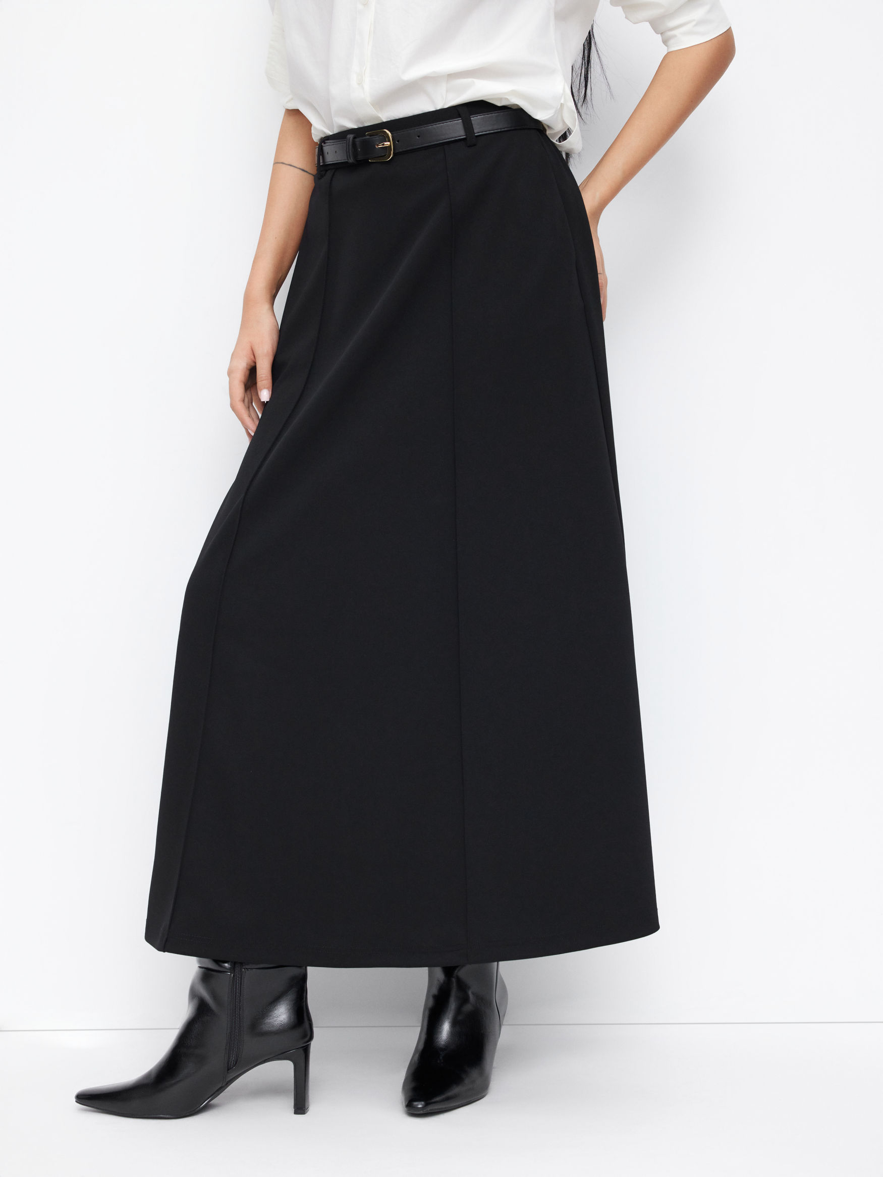 Stretchy Mid Rise Solid Maxi A-line Skirt With Belt
