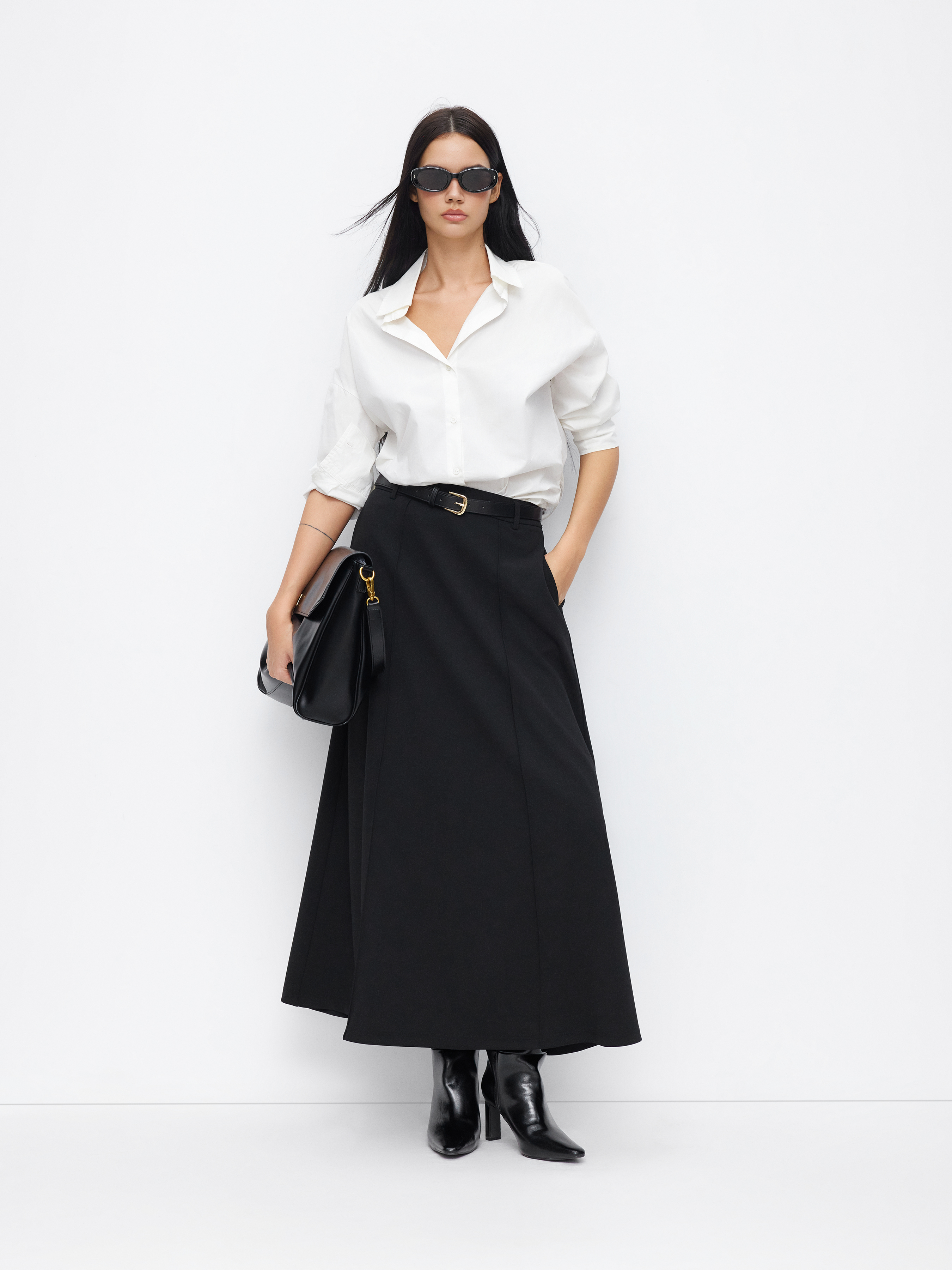 Stretchy Mid Rise Solid Maxi A-line Skirt With Belt