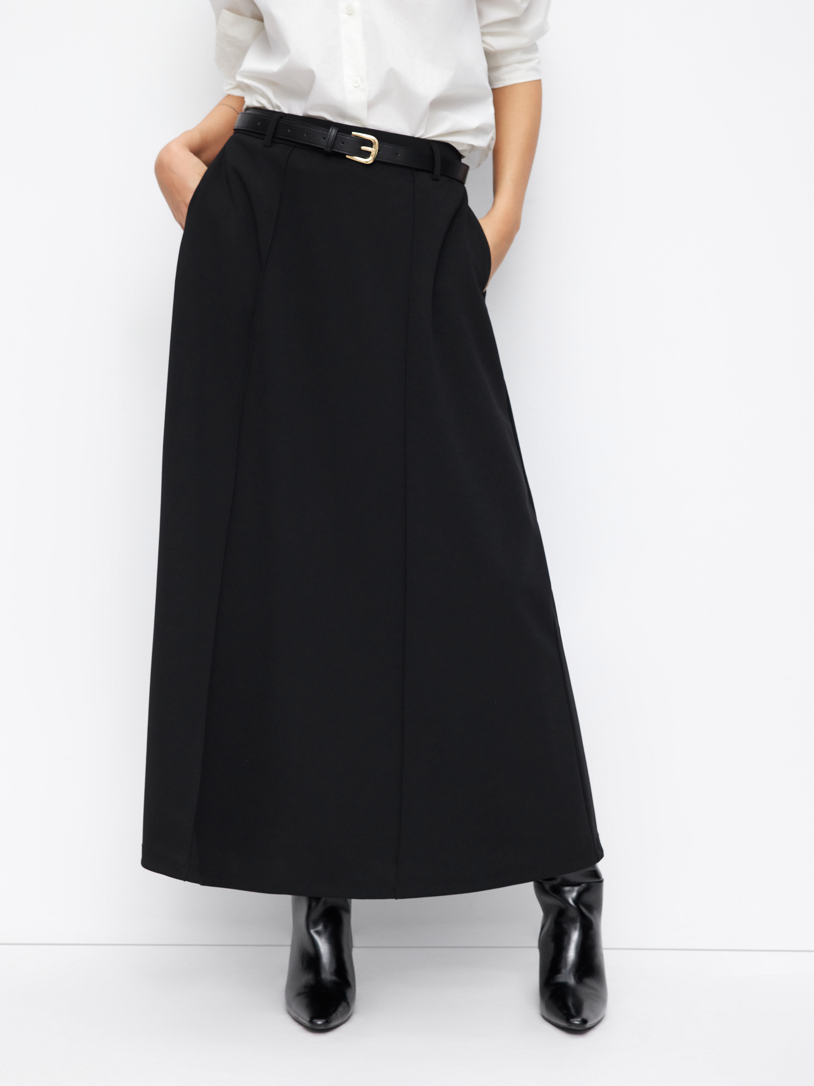Stretchy Mid Rise Solid Maxi A-line Skirt With Belt