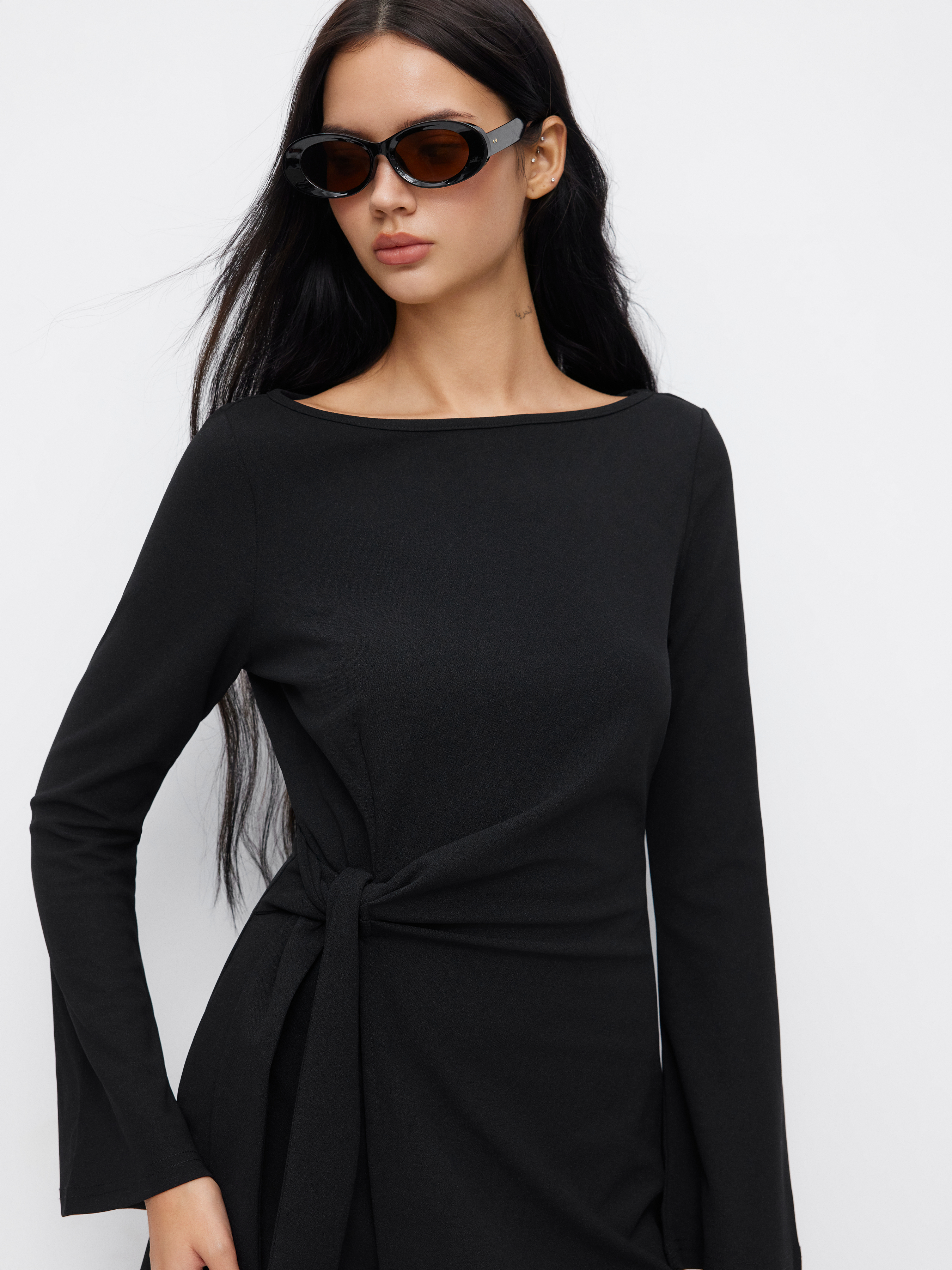 Boat Neck Bell Sleeve Tie Side Ruched Mini Dress