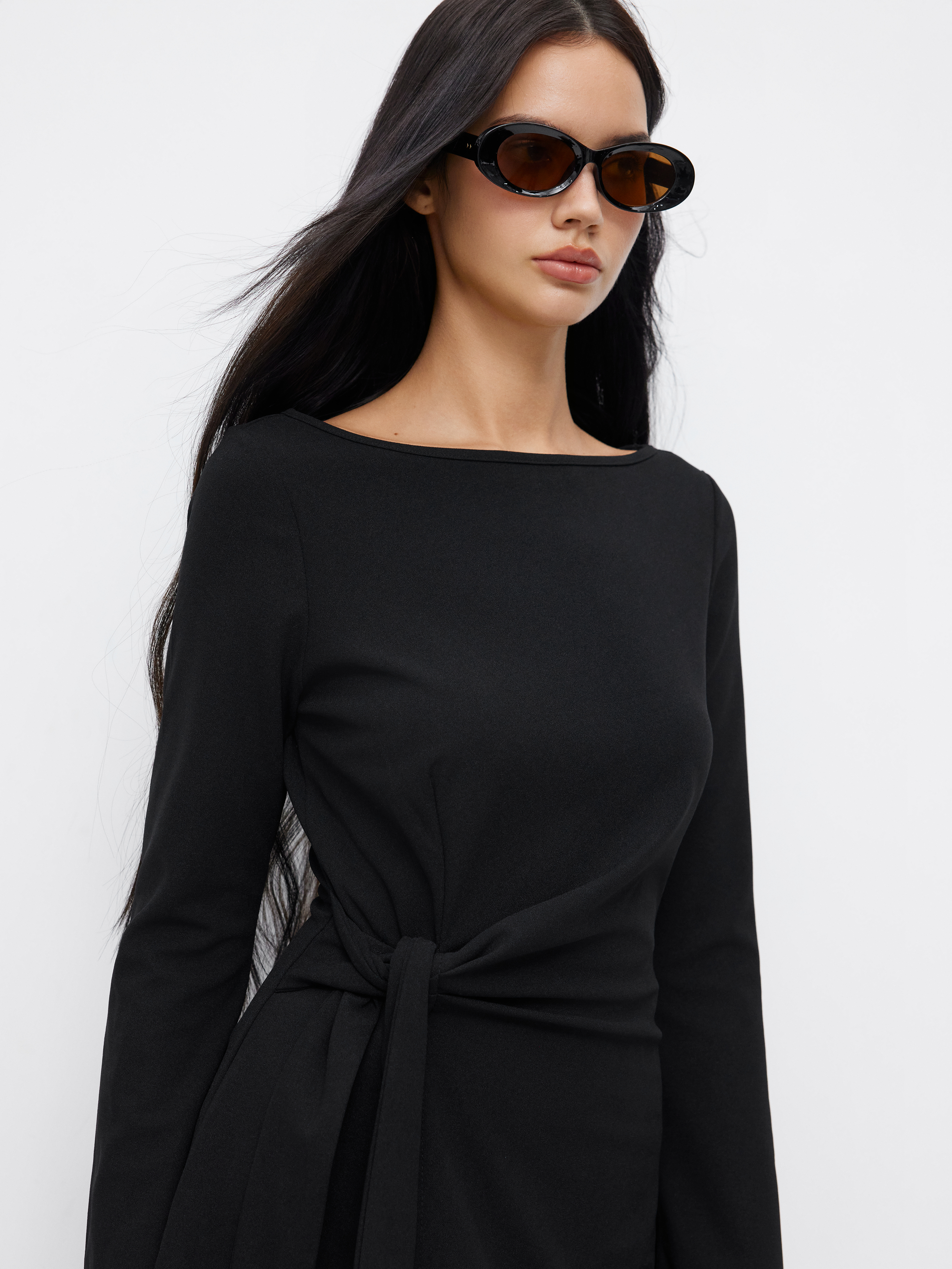 Boat Neck Bell Sleeve Tie Side Ruched Mini Dress