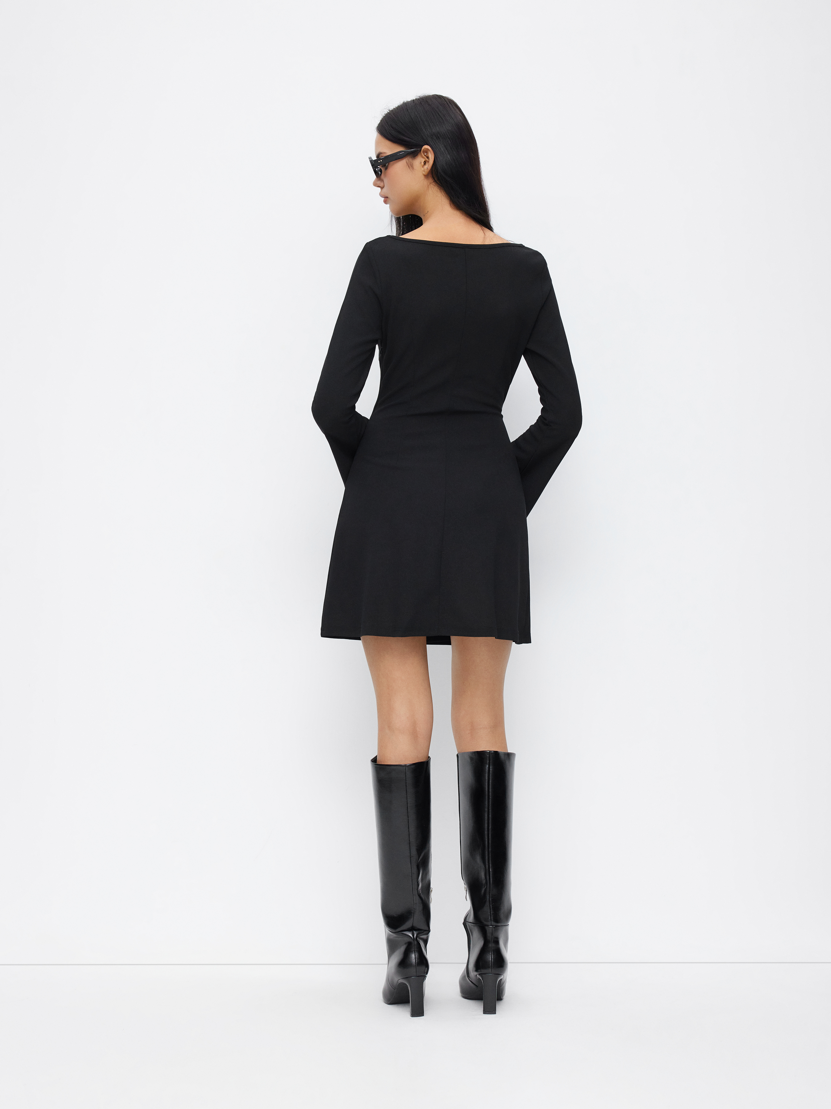 Boat Neck Bell Sleeve Tie Side Ruched Mini Dress