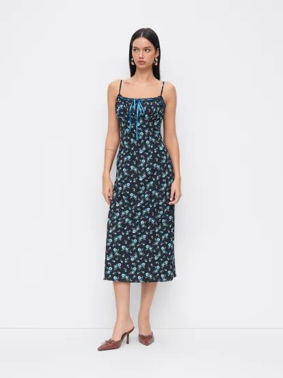 Velvet Square Neck Tie Back Flared Tank Midi Dress