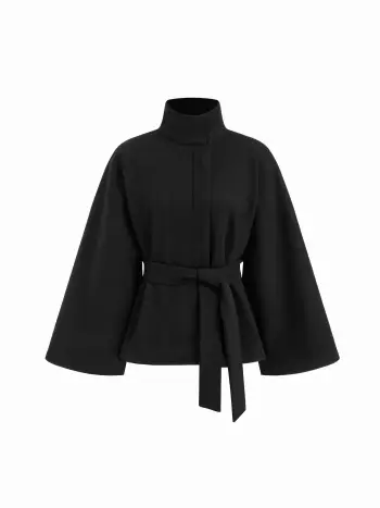 Übergrößiger Jacke mit Stehkragen, Umhangmanschetten und Gürtel im Woll-Look