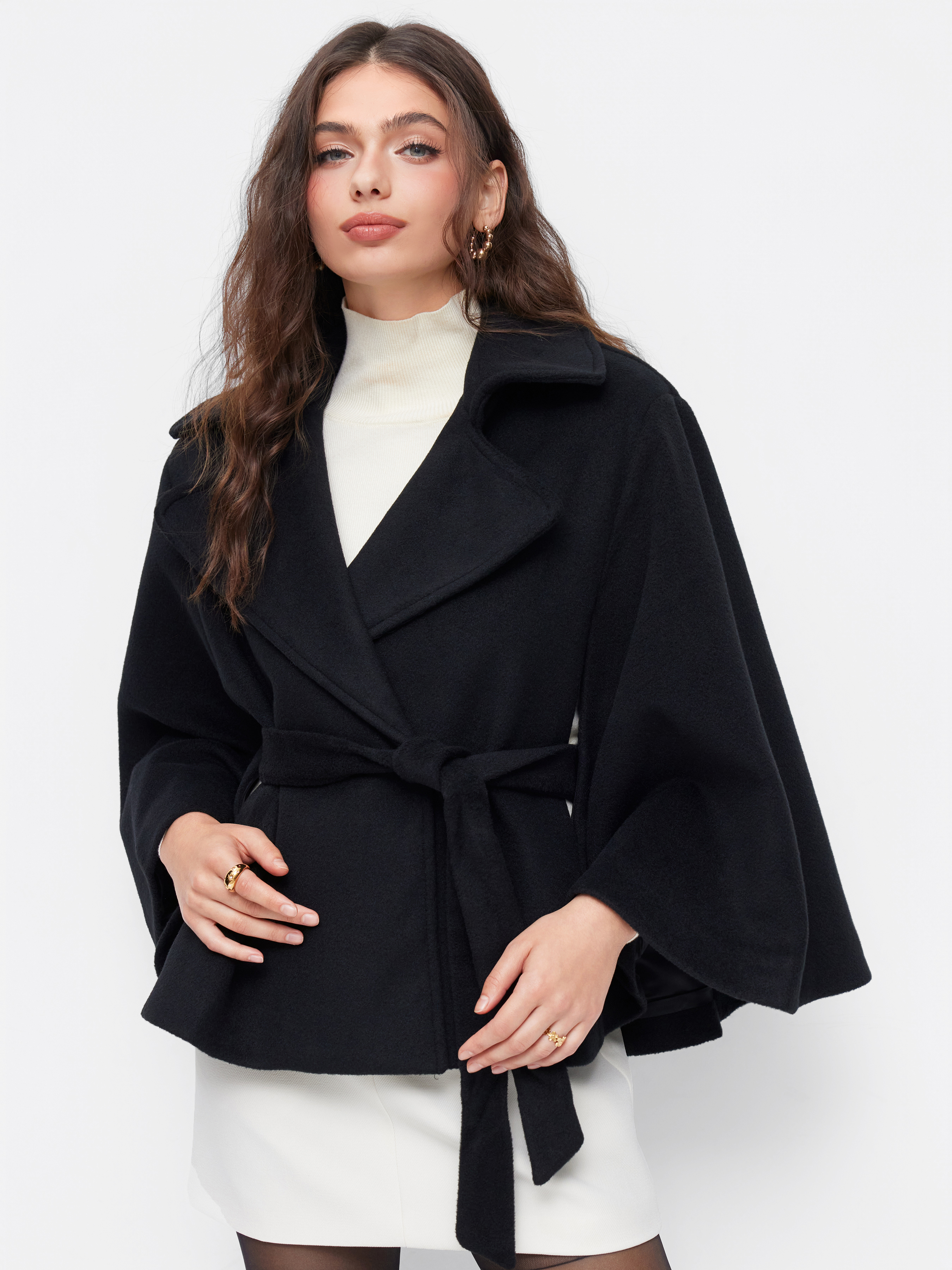 Wool-look Collar Button Cloak Sleeve Coat With Belt
