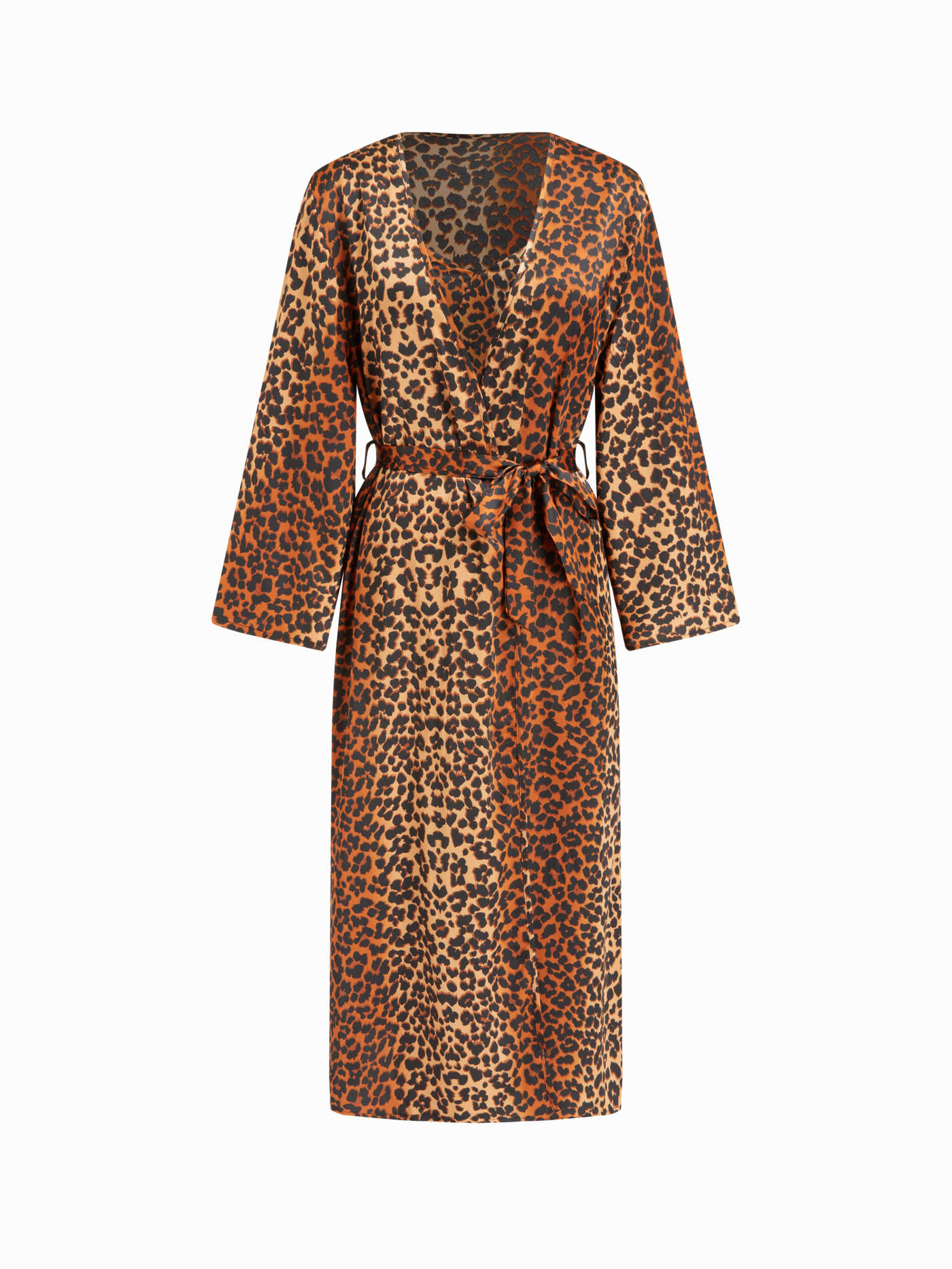 Three-piece Satin Leopard Print V-neck Cami Top & Mid Rise Loungewear Shorts & Robe With Belt