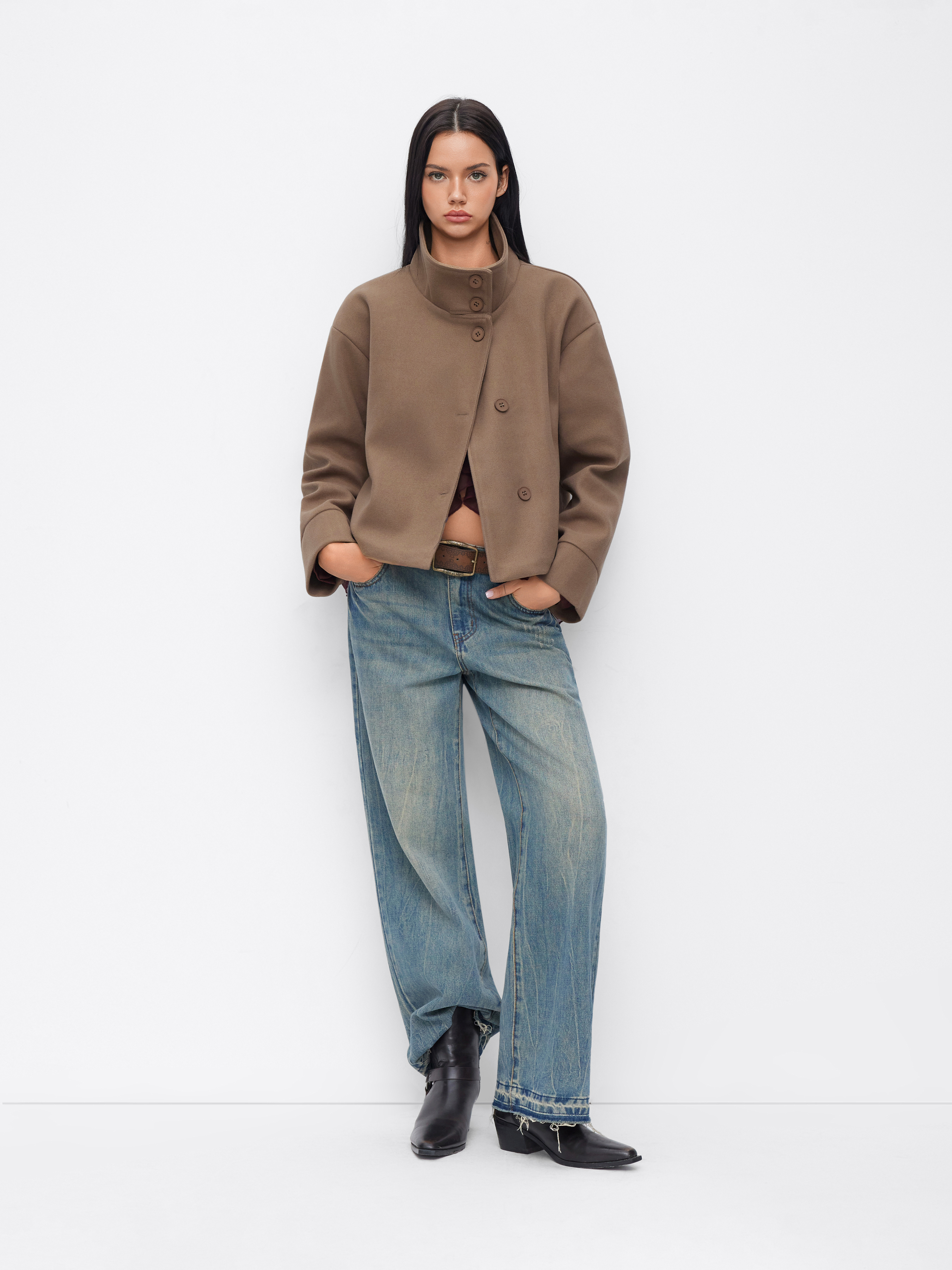 High Neck Button Oversized Long Sleeve Jacket