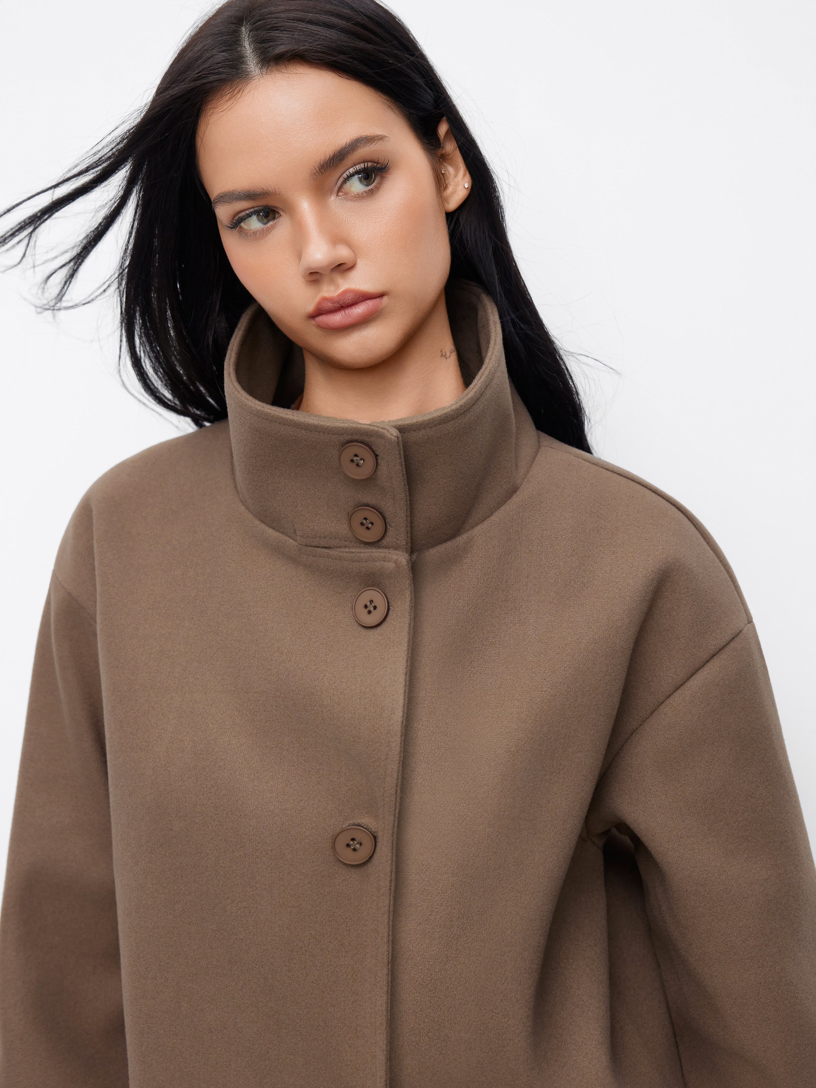 Woven High Neck Button Oversized Long Sleeve Jacket For Daily Casual