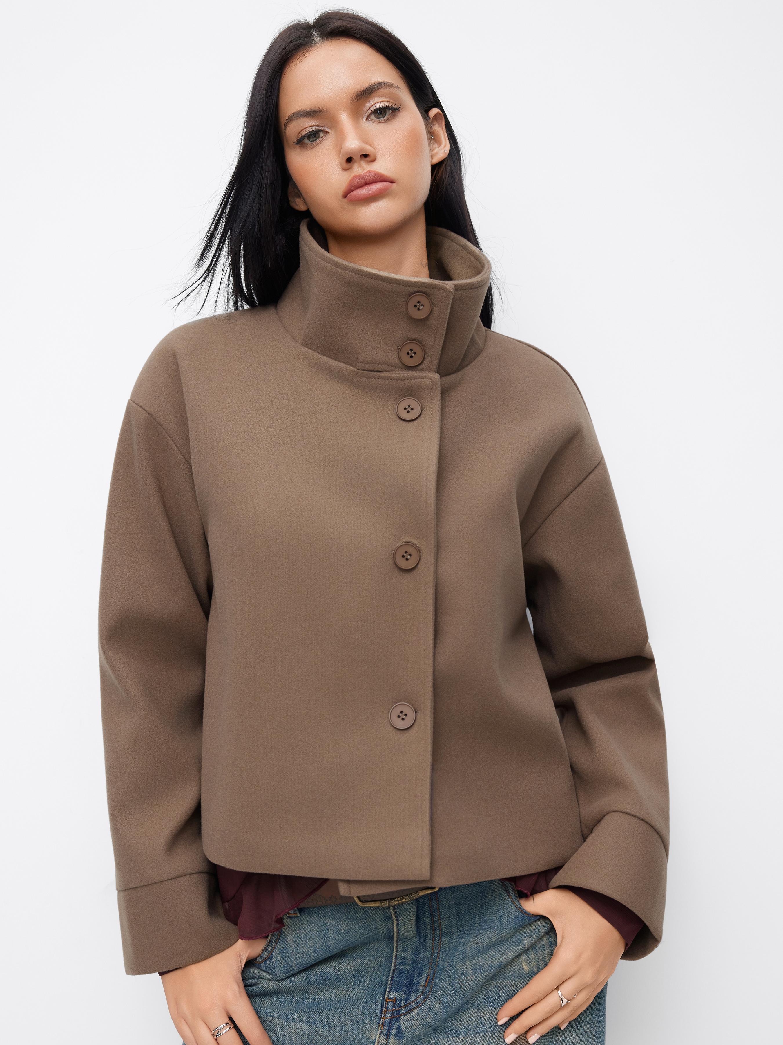 High Neck Button Oversized Long Sleeve Jacket