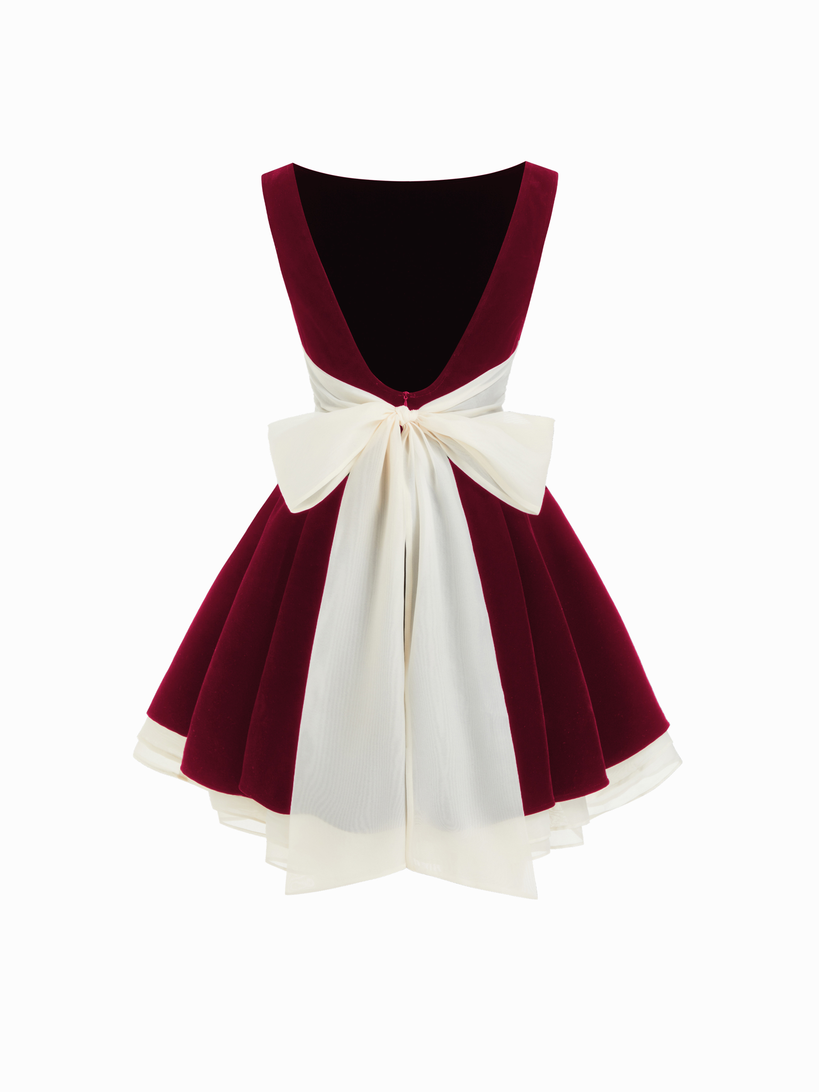 Tissé Velvet Boat Neck Ruffle Tie Back Two Tone Patched Backless Mini Babydoll Dress For Décontracté quotidien Rencard