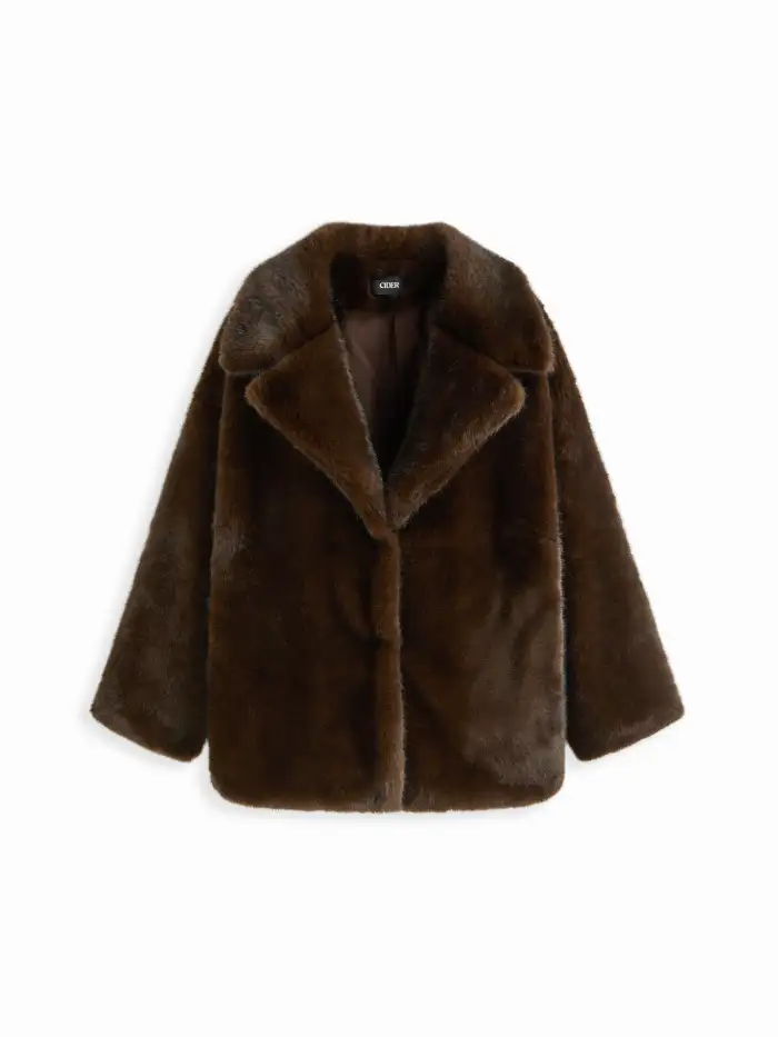 Woven Suede Faux Fur Collar Jacket With Gingham Lining Curve & Plus For Music Festival/Live House Holiday