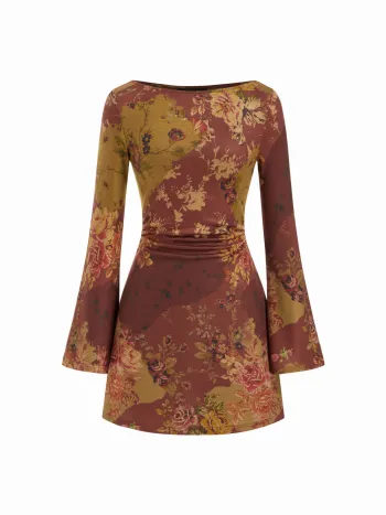 Bootschnitts-Floral-Ruched-Glockenärmel-Mini-Kleid
