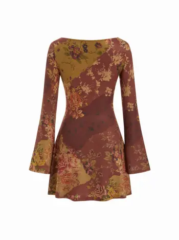 Bootschnitts-Floral-Ruched-Glockenärmel-Mini-Kleid