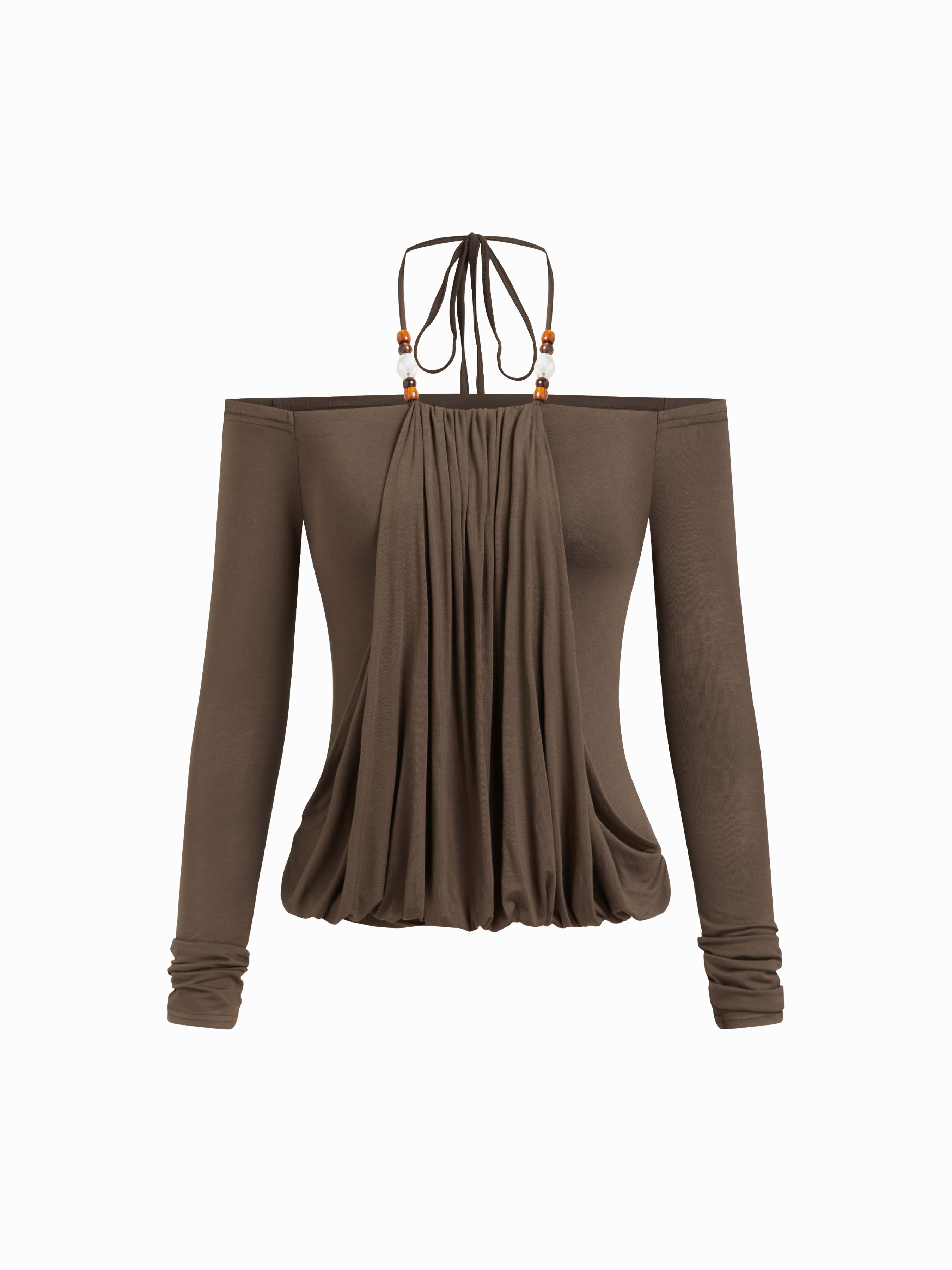 Jersey Halter Neckline Beaded Draped Long Sleeve Top For Daily